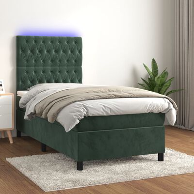 vidaXL Letto a Molle con Materasso e LED Verde Scuro 90x190 cm Velluto