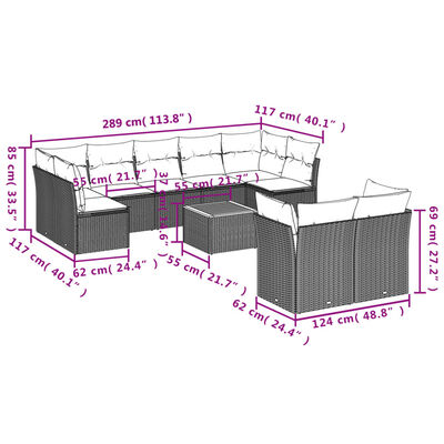 vidaXL Set Divani da Giardino 10pz con Cuscini in Polyrattan Nero