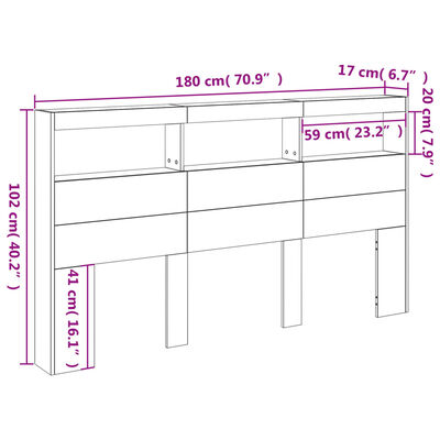 vidaXL Testiera con Contenitore a LED Grigio Cemento 180x17x102 cm