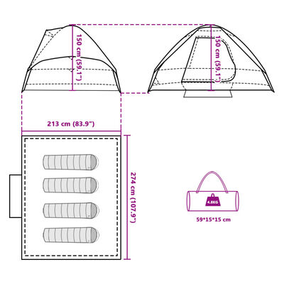 vidaXL Tenda da Campeggio a Cupola per 4 Persone Verde Impermeabile