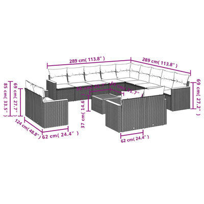 vidaXL Set Divani da Giardino 14pz con Cuscini in Polyrattan Nero