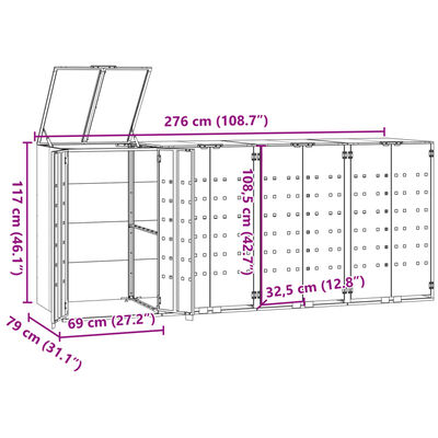 vidaXL Copribidone con Ruote 4 Bidoni Antracite 276x79x117cm Acciaio