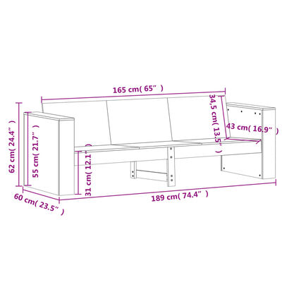 vidaXL Divano da Giardino 3 Posti 189x60x62 cm Legno Massello Douglas