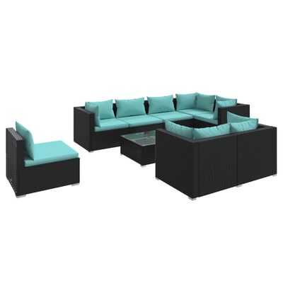 vidaXL Set Divani da Giardino 9 pz con Cuscini in Polyrattan Nero