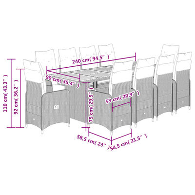 vidaXL Set Bistrò da Giardino 11 pz con Cuscini in Polyrattan Grigio