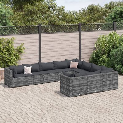 vidaXL Set Divano da Giardino 10 pz con Cuscini Grigio in Polyrattan