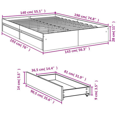 vidaXL Giroletto Cassetti Rovere Sonoma 140x190 cm Legno Multistrato