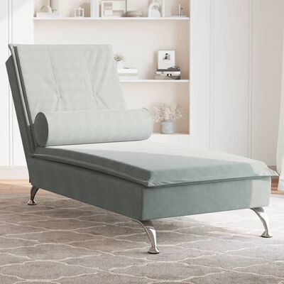 vidaXL Chaise Longue Massaggi Cuscino a Rullo Grigio Chiaro in Velluto