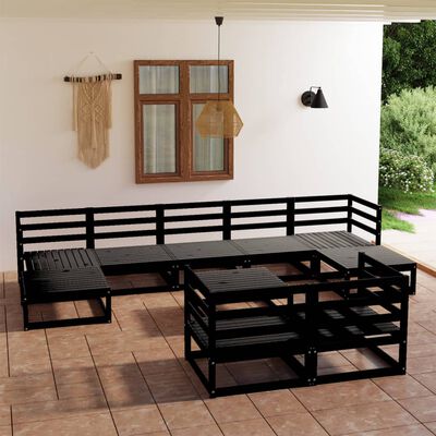 vidaXL Set Divani da Giardino 10 pz Nero in Legno Massello di Pino