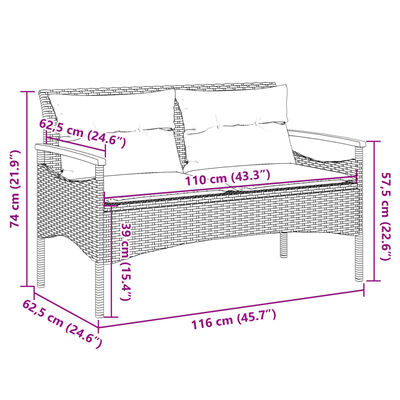 vidaXL Panchina da Giardino con Cuscini 116x62,5x74 cm Nera Polyrattan