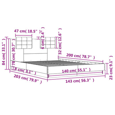 vidaXL Giroletto Testiera Grigio Sonoma 140x200 cm Legno Multistrato