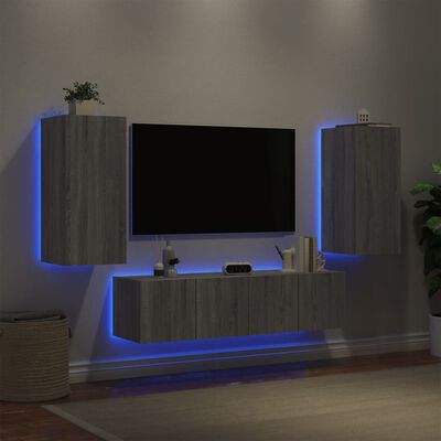 vidaXL Mobili TV a Muro con LED 4pz Grigio Sonoma in Legno Multistrato