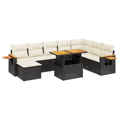 vidaXL Set Divani da Giardino 9 pz con Cuscini Nero in Polyrattan