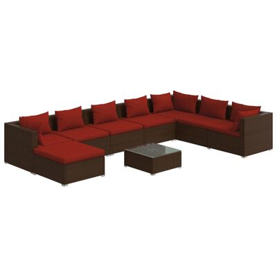 vidaXL Set Divani da Giardino 9 pz con Cuscini in Polyrattan Marrone