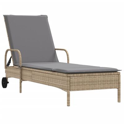 vidaXL Lettino Prendisole con Ruote e Cuscino in Polyrattan Beige