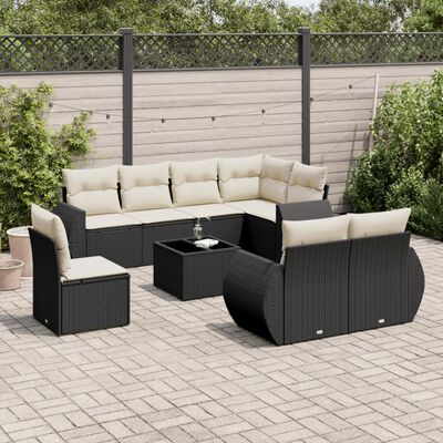 vidaXL Set Divani da Giardino 9 pz con Cuscini Nero in Polyrattan