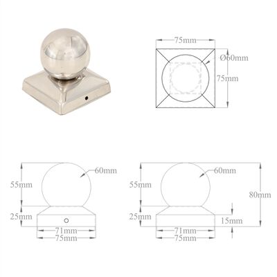 vidaXL Tappi per Pali 6 pz Estremità a Globo in Acciaio Inox 71x71 mm