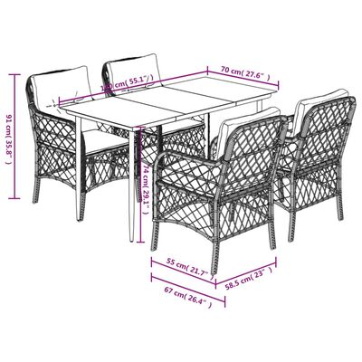 vidaXL Set da Pranzo da Giardino 5 pz Nero con Cuscini in Polyrattan