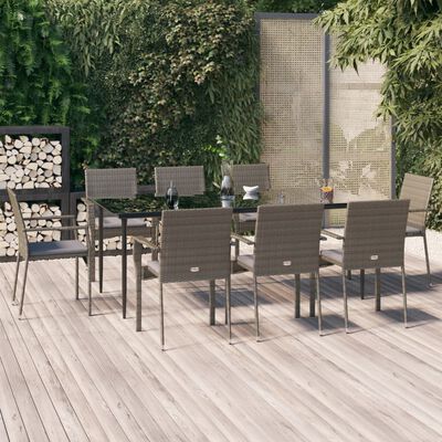 vidaXL Set da Pranzo Giardino 9pz con Cuscini Nero e Grigio Polyrattan