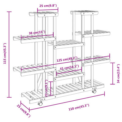 vidaXL Portafiori con Ruote 110x25x115 cm in Legno Massello di Abete