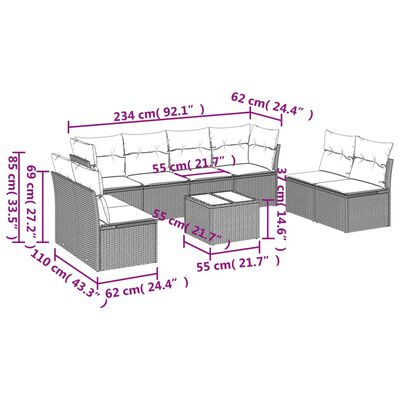 vidaXL Set Divani da Giardino 9 pz con Cuscini Nero in Polyrattan