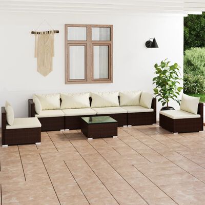 vidaXL Set Divani da Giardino 7 pz con Cuscini in Polyrattan Marrone