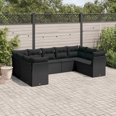 vidaXL Set Divani da Giardino 9 pz con Cuscini Nero in Polyrattan