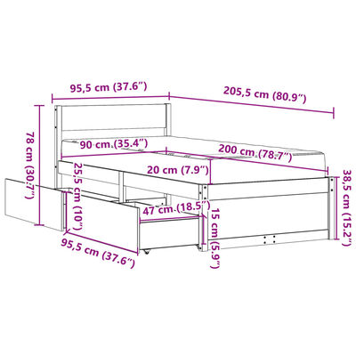 vidaXL Letto con Cassetti e Materasso 90x200 cm Legno Massello di Pino