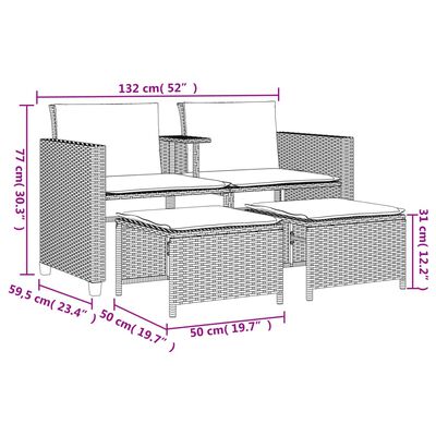 vidaXL Divano Giardino 2 Posti con Tavolo e Sgabelli Beige Polyrattan