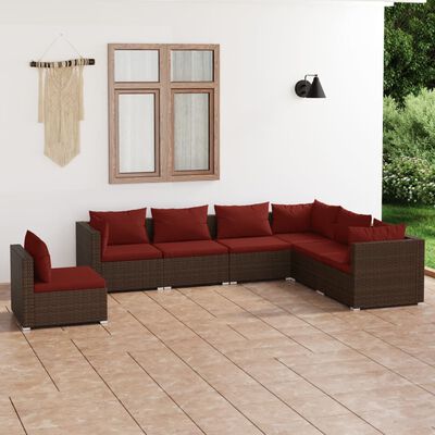 vidaXL Set Divani da Giardino 7 pz con Cuscini in Polyrattan Marrone