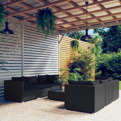 vidaXL Set Divani da Giardino 7 pz con Cuscini in Polyrattan Nero