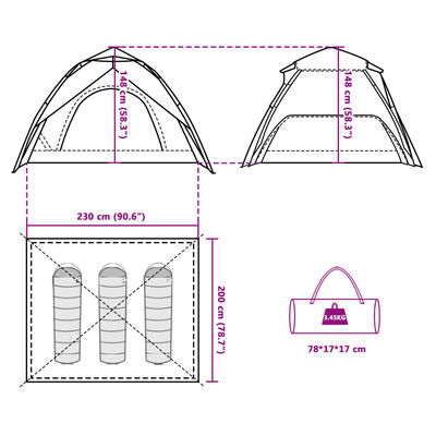 vidaXL Tenda a Cupola 3 Persone Grigio e Arancione a Rilascio Rapido