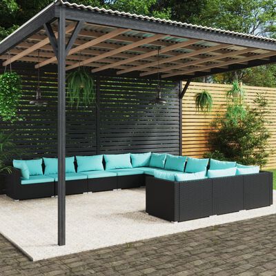 vidaXL Set Divani da Giardino 11 pz con Cuscini in Polyrattan Nero