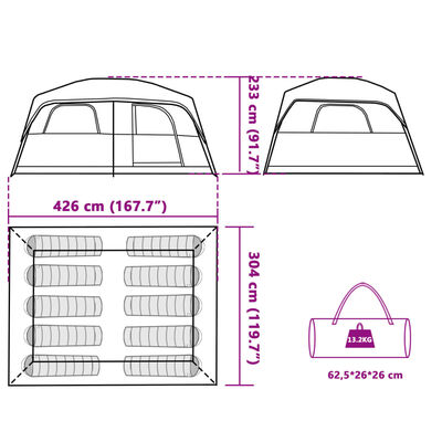 vidaXL Tenda Familiare Cabina per 10 Persone Verde Impermeabile