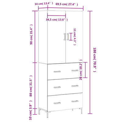 vidaXL Credenza Rovere Marrone 69,5x34x180 cm in Legno Multistrato