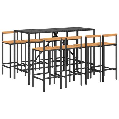 vidaXL Set Bar Giardino 9 pz Nero Polyrattan e Legno Massello Acacia