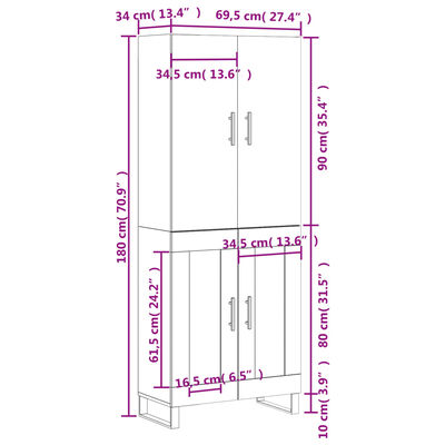 vidaXL Credenza Bianca 69,5x34x180 cm in Legno Multistrato