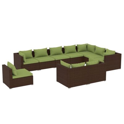 vidaXL Set Divani da Giardino 10 pz con Cuscini in Polyrattan Marrone