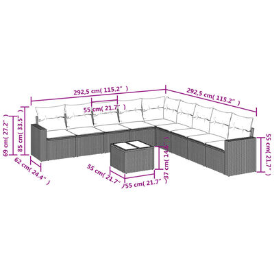 vidaXL Set Divani da Giardino 10pz con Cuscini in Polyrattan Nero