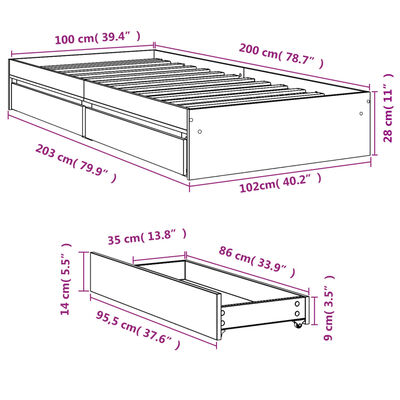 vidaXL Giroletto con Cassetti Rovere Fumo 100x200 cm Legno Multistrato