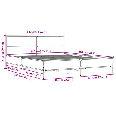 vidaXL Giroletto Grigio Sonoma 140x200 cm in Legno Multistrato Metallo