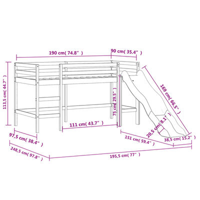 vidaXL Letto a Soppalco con Tende Bambini Rosa 90x190 cm Massello Pino