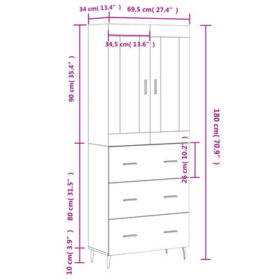 vidaXL Credenza Grigio Cemento 69,5x34x180 cm in Legno Multistrato