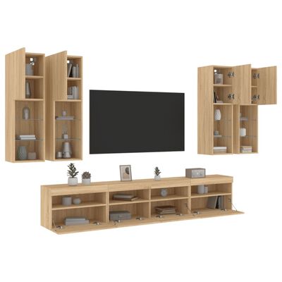 vidaXL Set Mobili TV a Muro 7 pz con Luci LED Rovere Sonoma