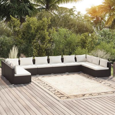 vidaXL Set Divani da Giardino 10 pz con Cuscini in Polyrattan Nero