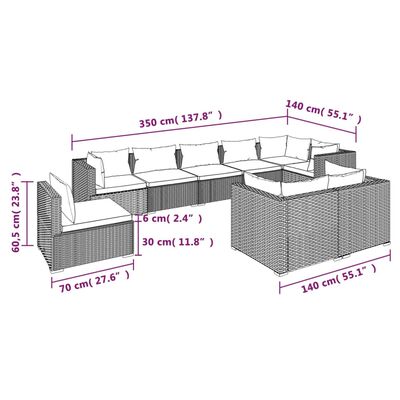 vidaXL Set Divani da Giardino 9 pz con Cuscini in Polyrattan Grigio