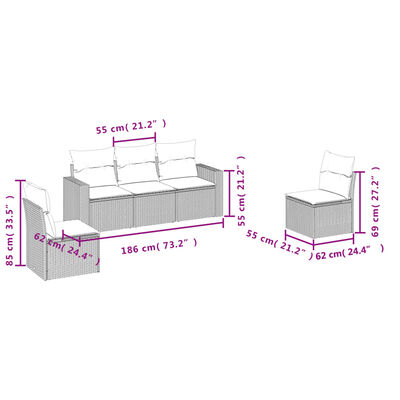 vidaXL Set Divano da Giardino 5pz con Cuscini Grigio Chiaro Polyrattan