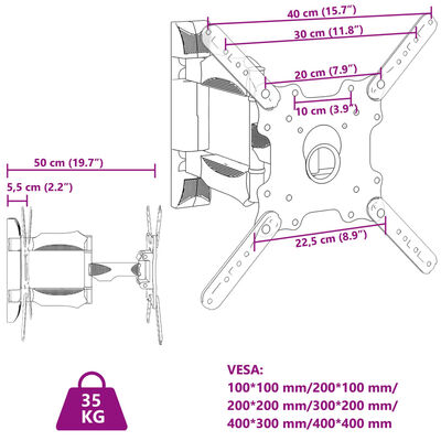 vidaXL Supporto a Parete per Schermo 32"-55" Max VESA 400x400 mm 35kg