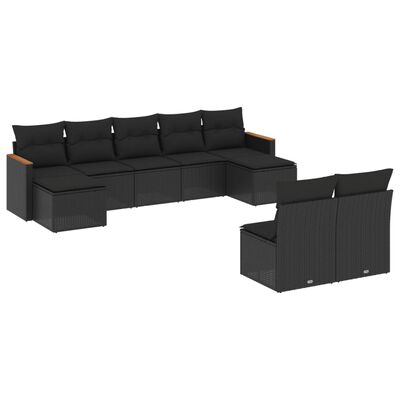 vidaXL Set Divani da Giardino 9 pz con Cuscini Nero in Polyrattan