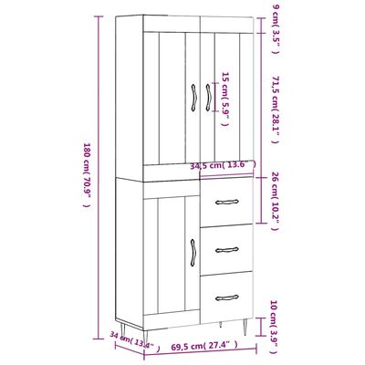 vidaXL Credenza Grigio Cemento 69,5x34x180 cm in Legno Multistrato